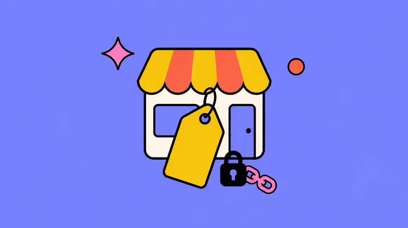Illustration: a shop front with a yellow and coral striped awning, a large blank price tag and a padlock