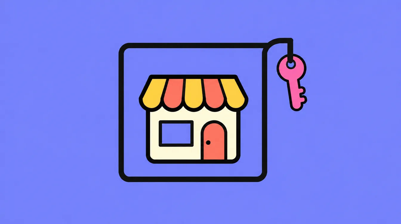 A small shop front locked inside a large black frame, with a pink key hanging out of reach