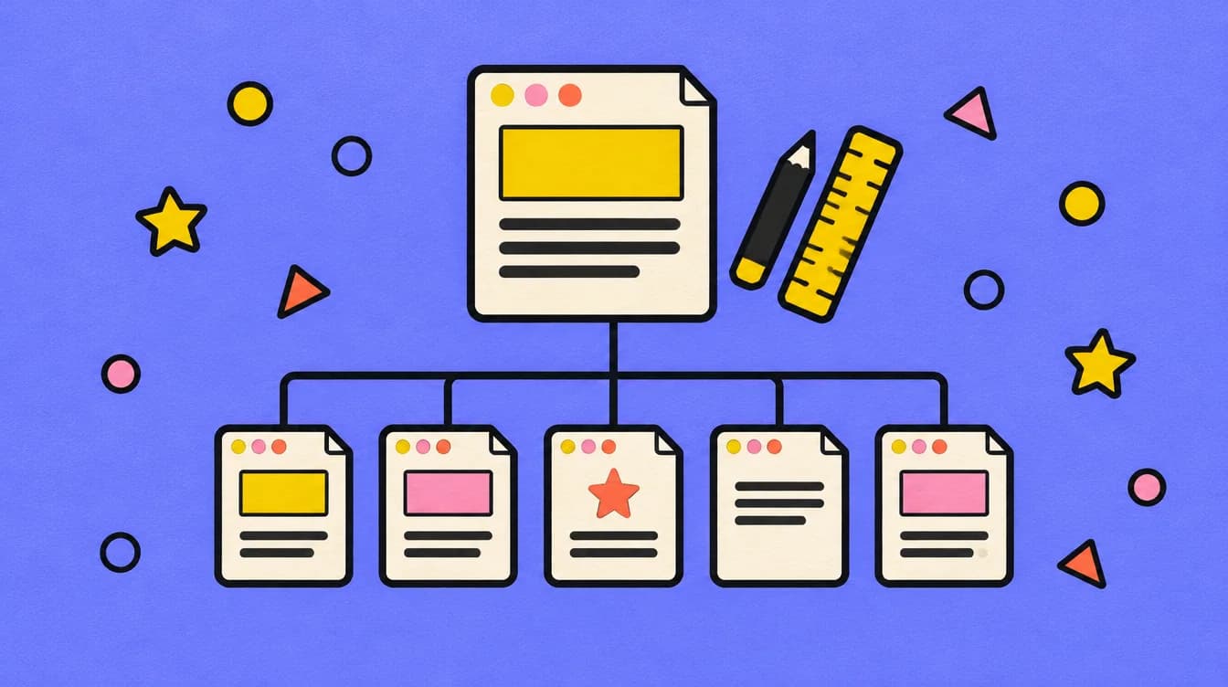 Illustration : un plan de site en papier, une grande page reliée à cinq pages plus petites, avec un crayon et une règle