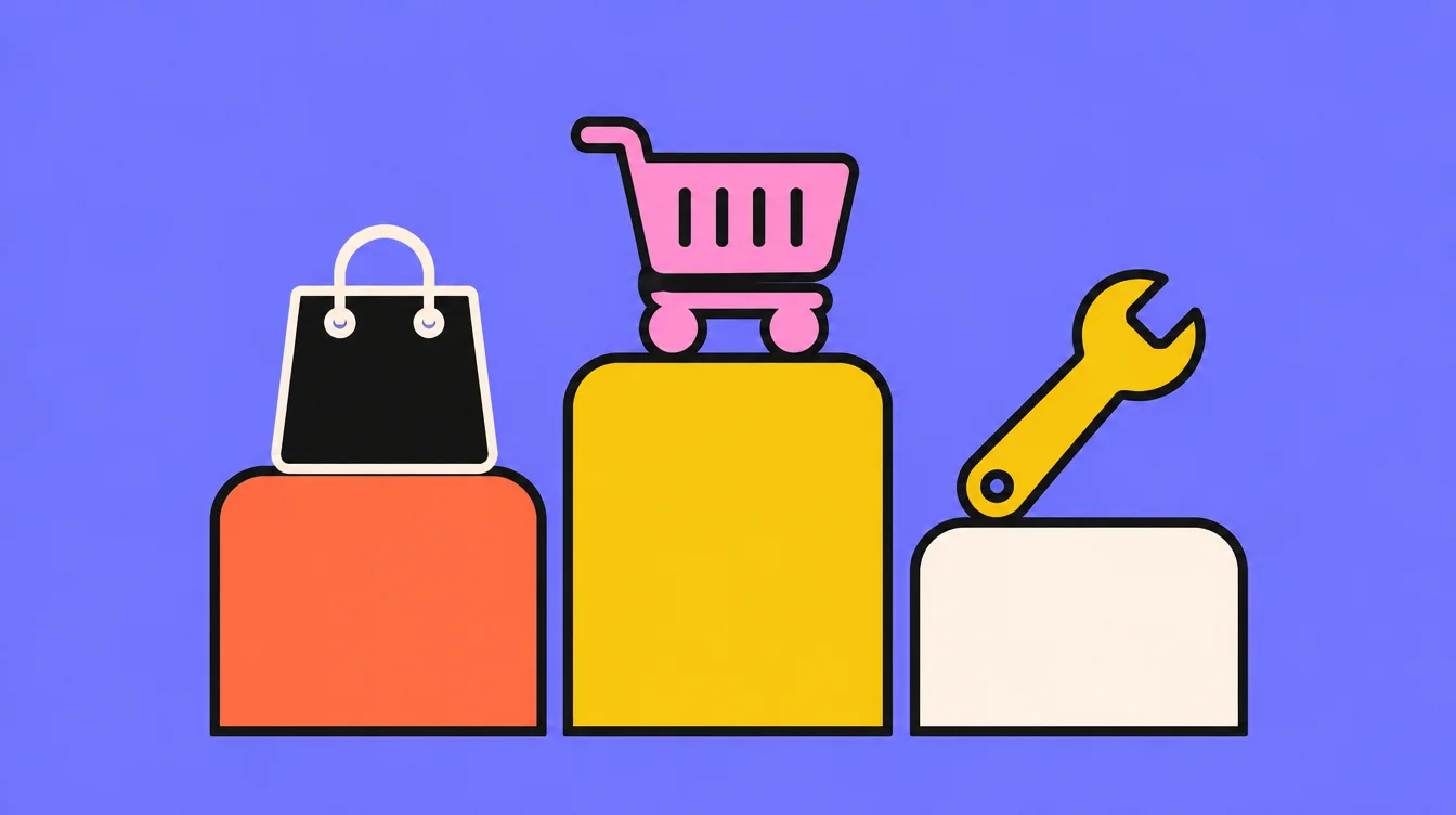 Three pedestals of different heights, with a shopping bag, a pink shopping cart and a yellow wrench on top