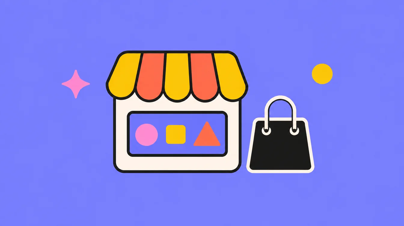 Illustration: a shop front with a yellow and coral striped awning, products in the window and a black shopping bag