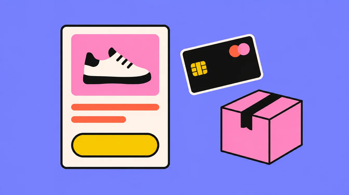 A product card with a sneaker on a pink background, lines of text and a yellow button, next to a bank card and a pink parcel