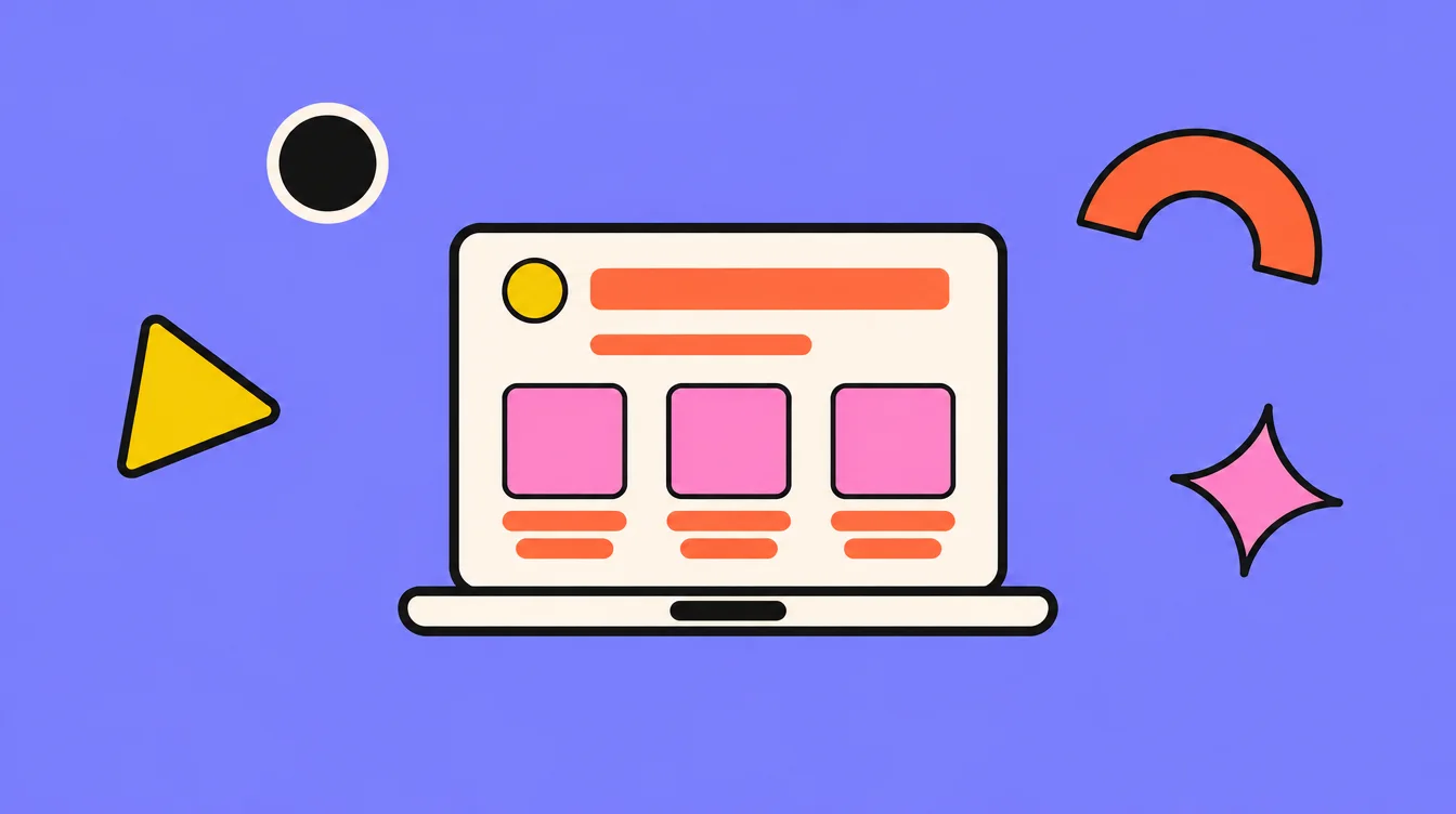 Illustration: a laptop showing a website wireframe, surrounded by colourful geometric shapes