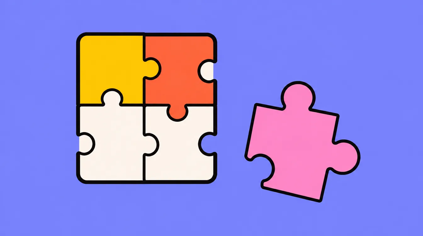 Un plateau de puzzle où des pièces jaune et corail s'emboîtent, avec une grande pièce rose qui ne rentre pas, posée à côté