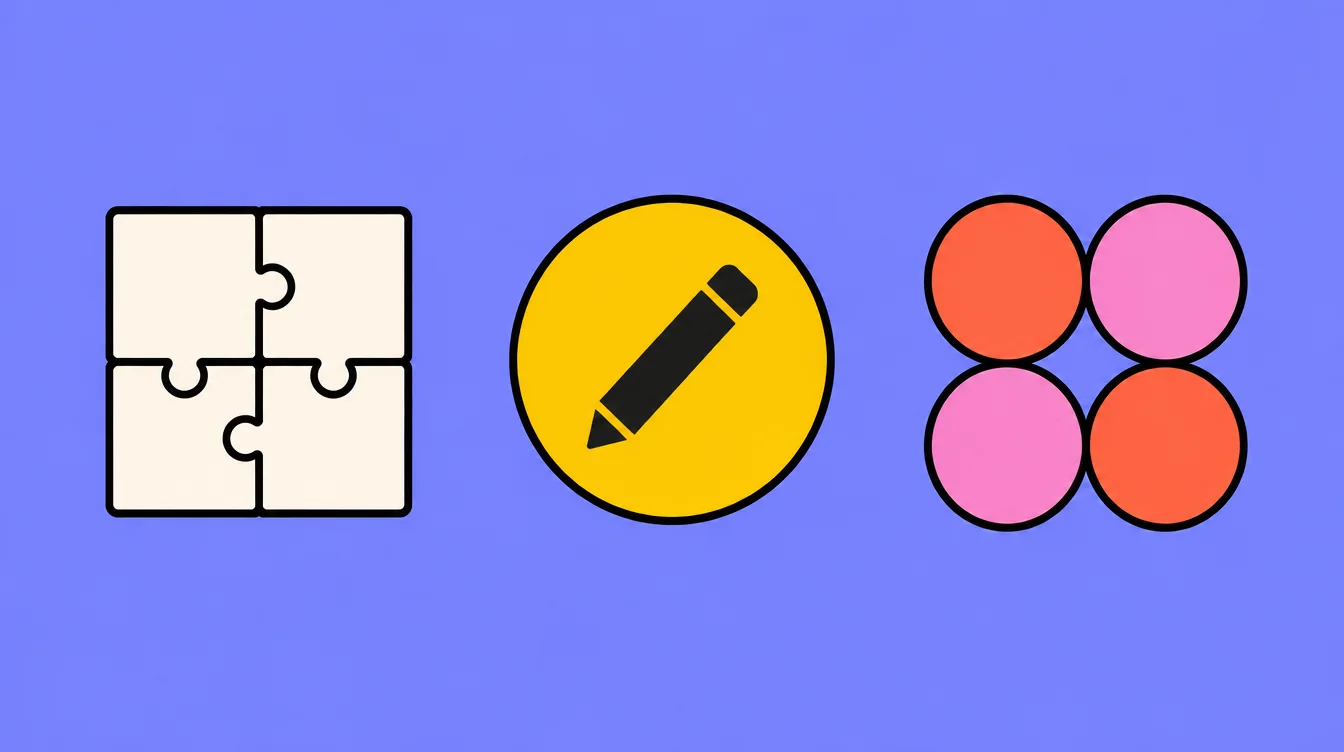 Trois formes côte à côte : un carré en quatre pièces de puzzle, un grand cercle jaune avec un crayon, et un groupe de quatre cercles corail et rose