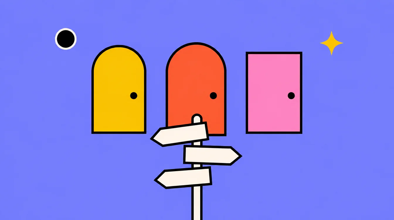 Illustration : trois portes colorées côte à côte et un panneau indicateur à trois flèches devant elles