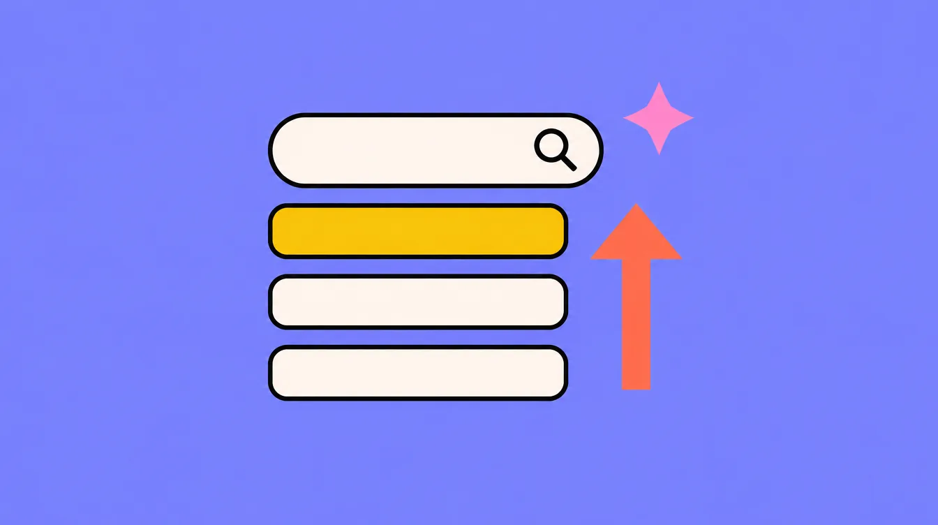 Illustration: a search bar, three results with the first highlighted in yellow, and a coral arrow pointing up
