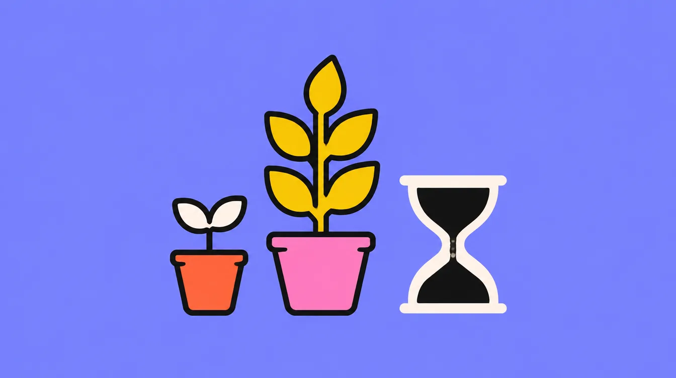 A small sprout in a coral pot next to a taller plant in a pink pot, and a black hourglass