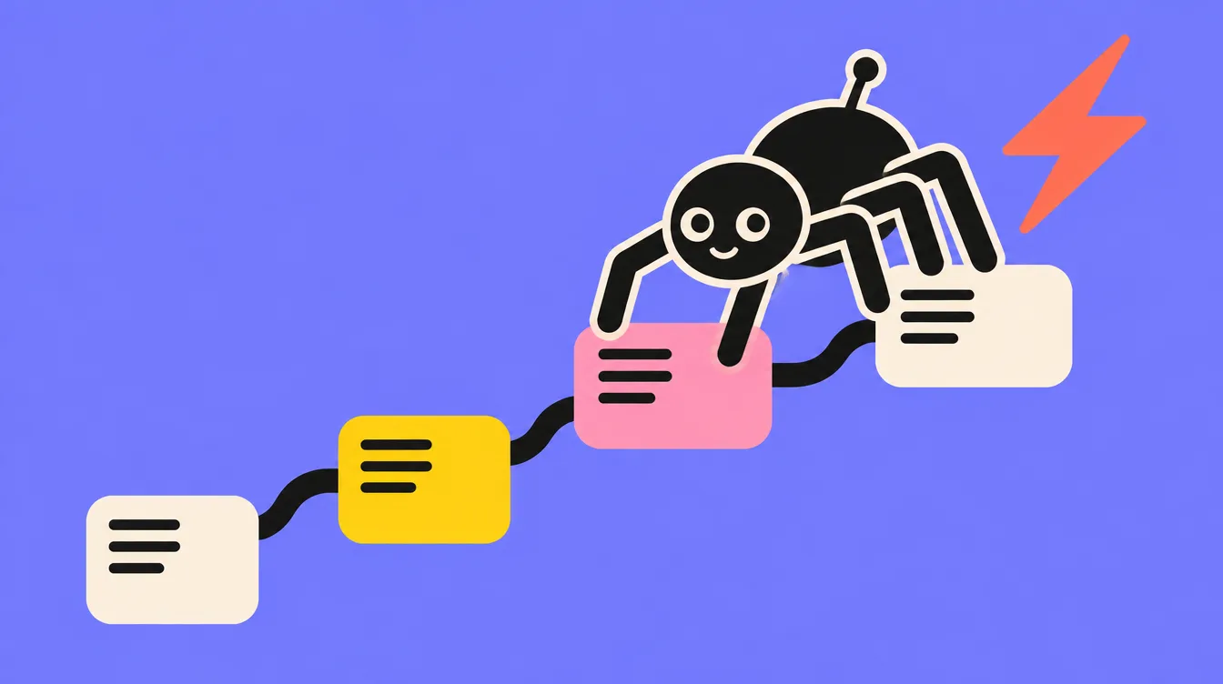 A small black robot crawling across linked pages, next to a coral lightning bolt