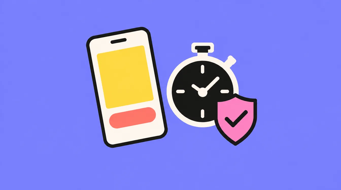 A phone with a coral button, next to a black stopwatch and a pink shield with a check mark