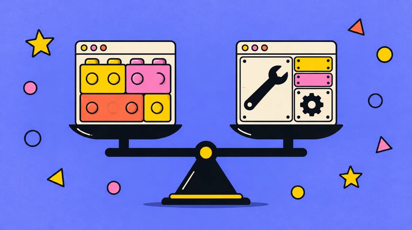 Illustration : une balance entre deux fenêtres de navigateur, l'une faite de blocs de construction colorés, l'autre de panneaux avec une clé et un engrenage