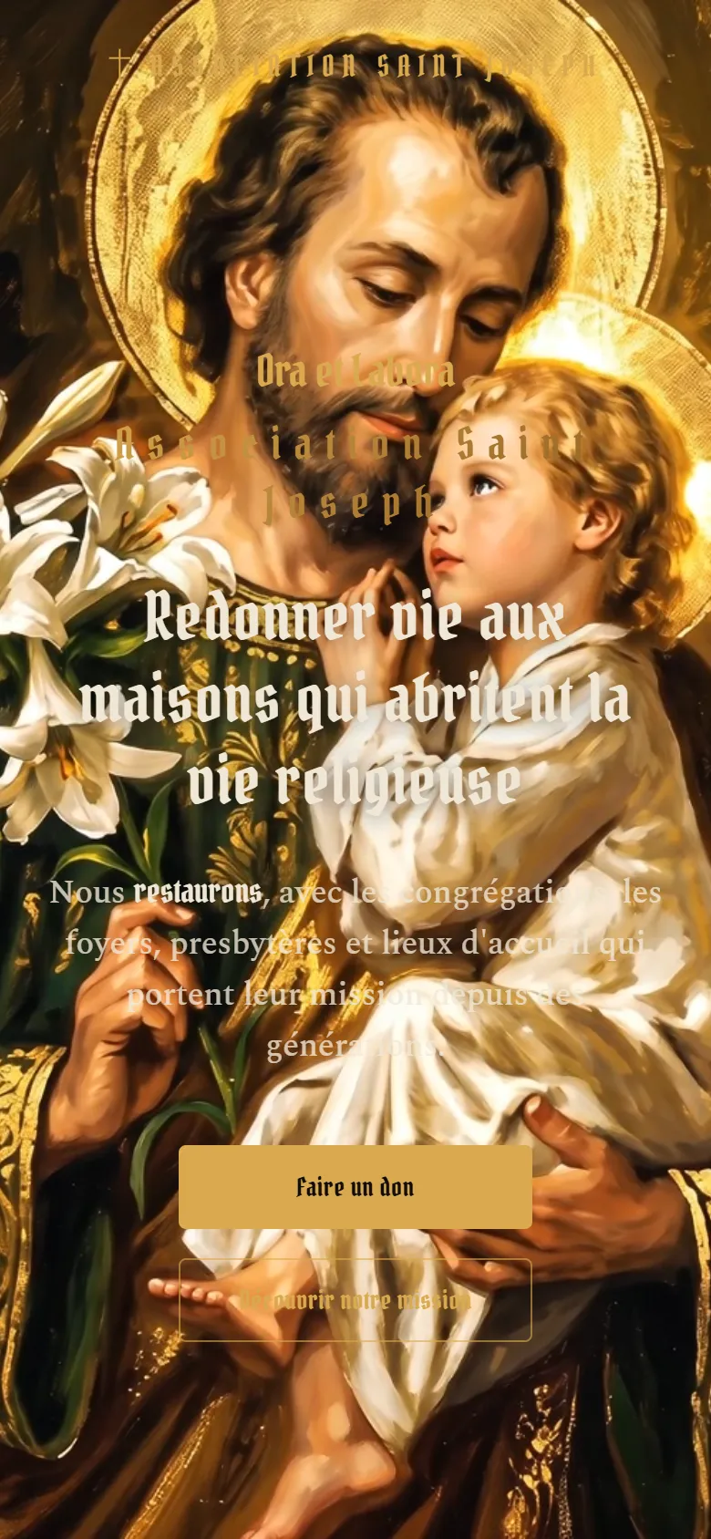 Association Saint Joseph on mobile: gold blackletter headline over the painting and a 'Donate' button