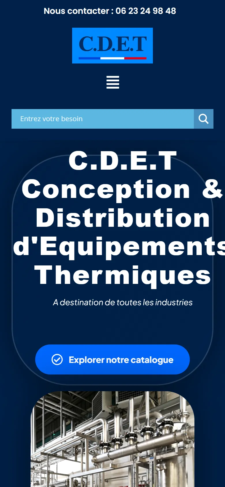 C.D.E.T on mobile: logo, search, headline and 'Explore our catalogue' button