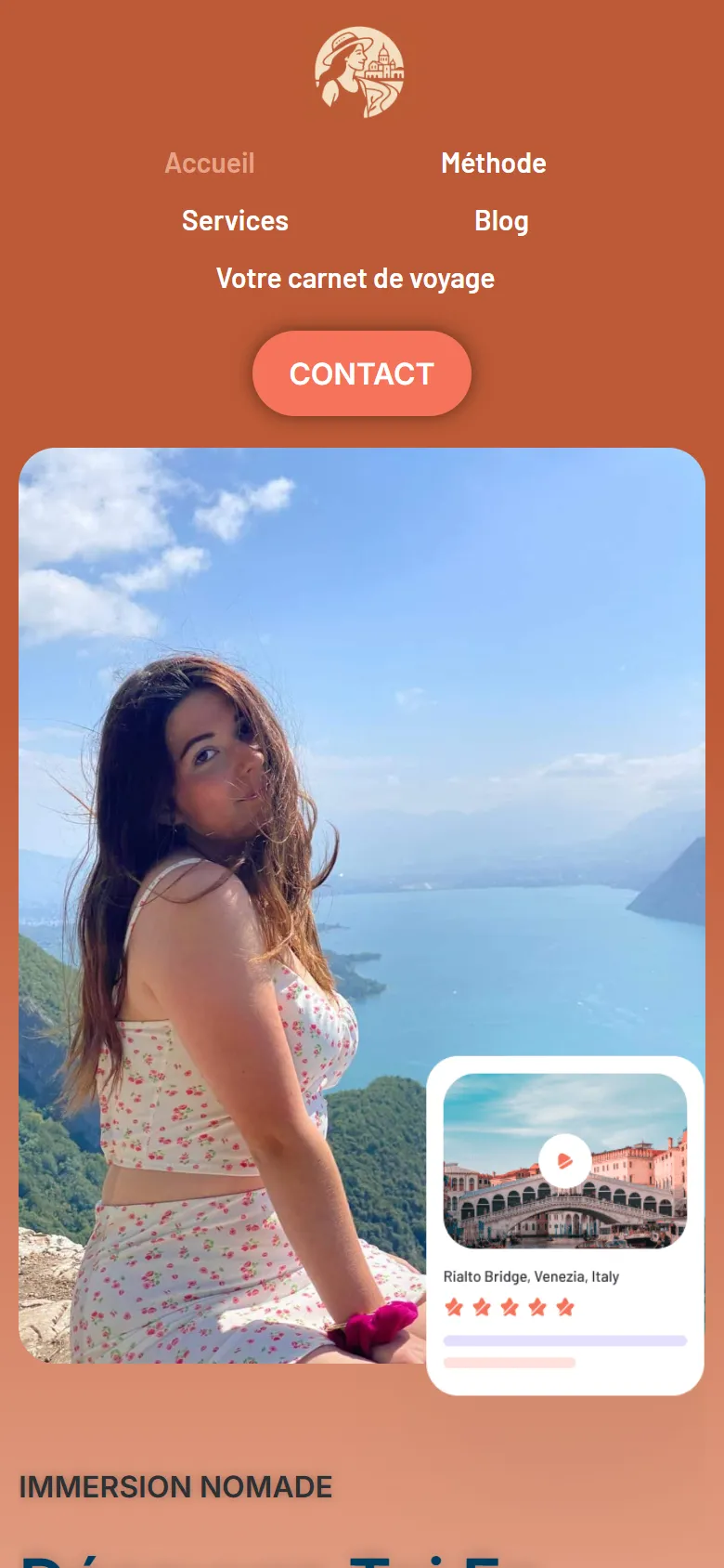 Immersion Nomade sur mobile : le menu, le bouton Contact et la photo d'une voyageuse face à un lac