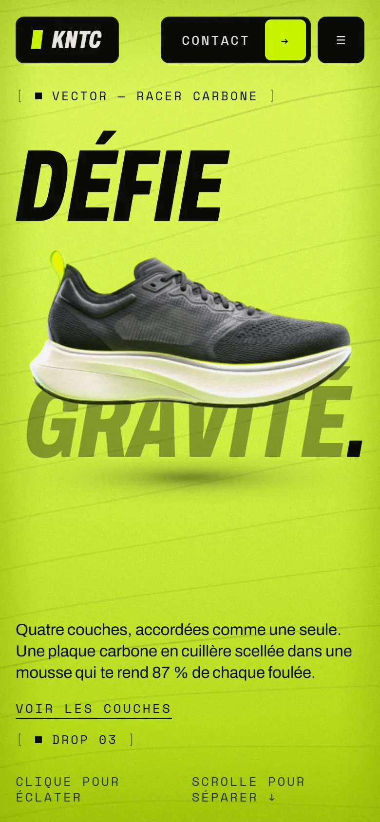 KNTC Vector sur mobile : titre « DÉFIE GRAVITÉ » et chaussure sur fond vert