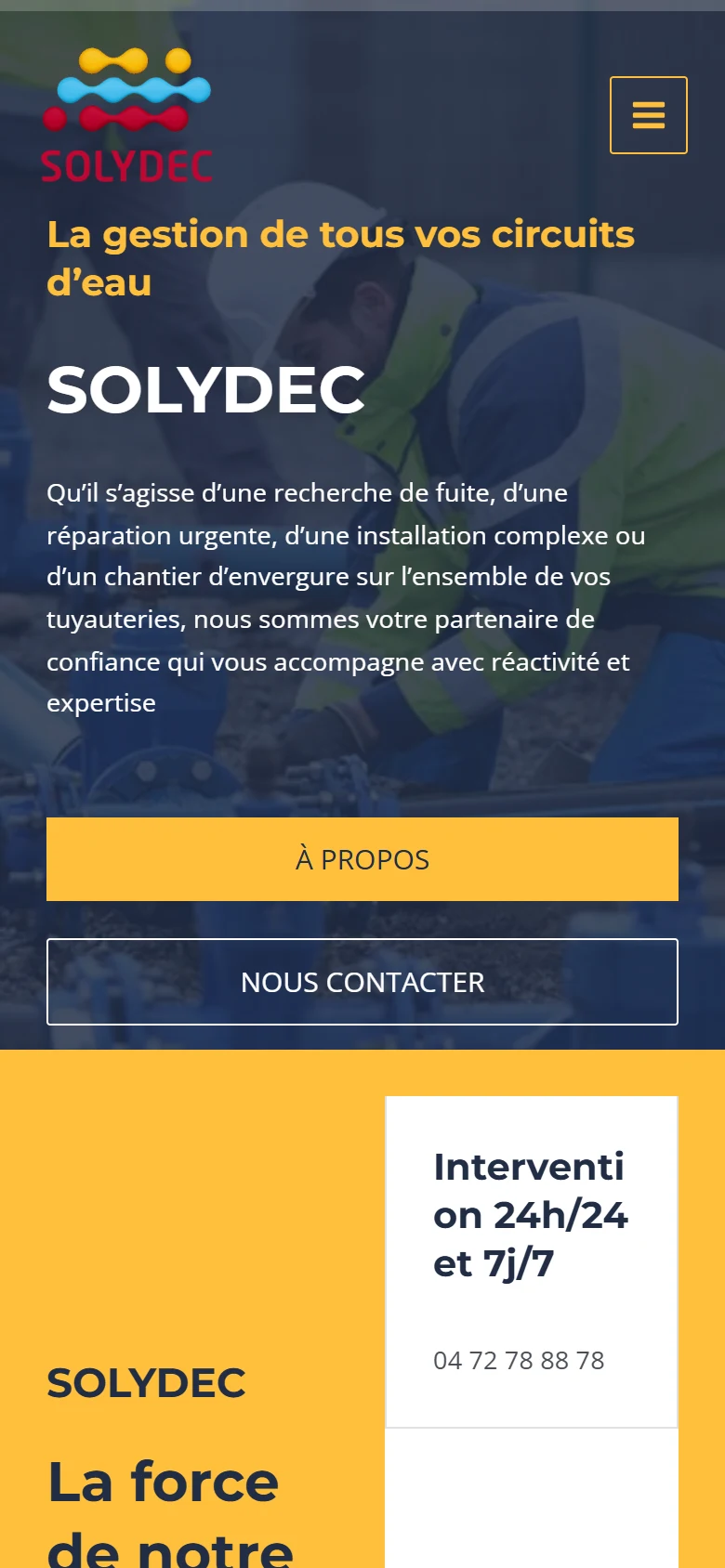 Solydec sur mobile : accroche « La gestion de tous vos circuits d'eau » et boutons À propos et Nous contacter